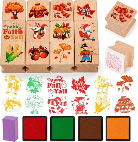 HOWAF Fall Stamps Crafts, 12 Wooden Stamps Ink Pads Set for Fall Harvest Party DIY Painting, Maple Leaves Craft Gifts Activities, Autumn Season Rubber Stamper, Thanksgiving Inking Stamp in Kuwait