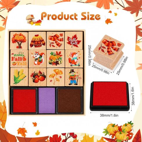 HOWAF Fall Stamps Crafts, 12 Wooden Stamps Ink Pads Set for Fall Harvest Party DIY Painting, Maple Leaves Craft Gifts Activities, Autumn Season Rubber Stamper, Thanksgiving Inking Stamp in Kuwait