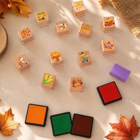 HOWAF Fall Stamps Crafts, 12 Wooden Stamps Ink Pads Set for Fall Harvest Party DIY Painting, Maple Leaves Craft Gifts Activities, Autumn Season Rubber Stamper, Thanksgiving Inking Stamp in Kuwait