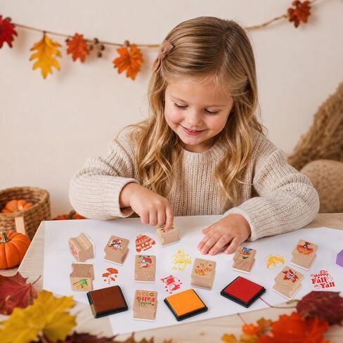 HOWAF Fall Stamps Crafts, 12 Wooden Stamps Ink Pads Set for Fall Harvest Party DIY Painting, Maple Leaves Craft Gifts Activities, Autumn Season Rubber Stamper, Thanksgiving Inking Stamp in Kuwait