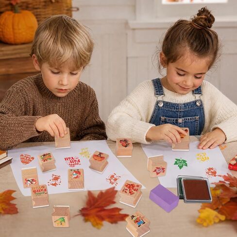 HOWAF Fall Stamps Crafts, 12 Wooden Stamps Ink Pads Set for Fall Harvest Party DIY Painting, Maple Leaves Craft Gifts Activities, Autumn Season Rubber Stamper, Thanksgiving Inking Stamp in Kuwait