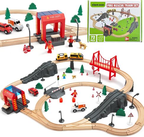 Giant bean 72PCS Fire Station Wooden Train Track Electric Train Set in Kuwait
