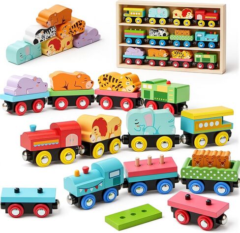 Montessori Animal Wooden Train Toy Set for Kids, 12PCS Magnetic Train Cars with Storage Gift Box, STEM Educational Toy for Boys & Girls, Ages 18Month - 8 Years, Easter Birthday Party Gift in Kuwait