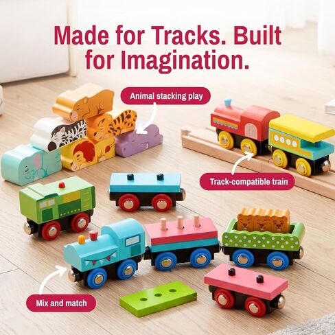 Montessori Animal Wooden Train Toy Set for Kids, 12PCS Magnetic Train Cars with Storage Gift Box, STEM Educational Toy for Boys & Girls, Ages 18Month - 8 Years, Easter Birthday Party Gift in Kuwait