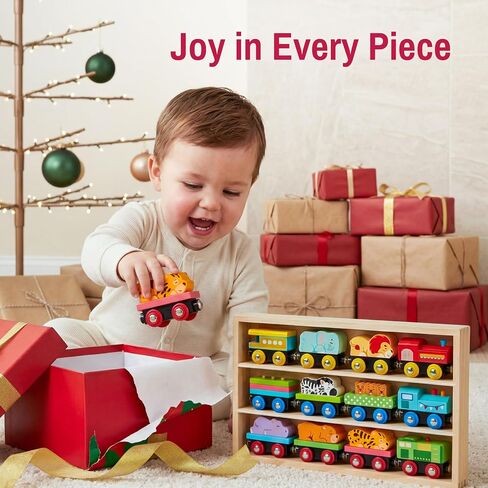 Montessori Animal Wooden Train Toy Set for Kids, 12PCS Magnetic Train Cars with Storage Gift Box, STEM Educational Toy for Boys & Girls, Ages 18Month - 8 Years, Easter Birthday Party Gift in Kuwait