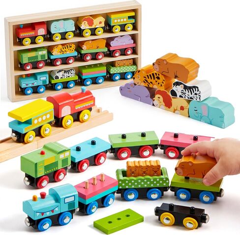 Montessori Animal Wooden Train Toy Set for Kids, 12PCS Magnetic Train Cars with Storage Gift Box, STEM Educational Toy for Boys & Girls, Ages 18Month - 8 Years, Easter Birthday Party Gift in Kuwait