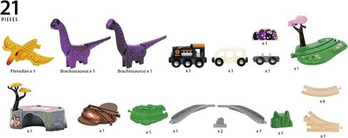 BRIO World Dinosaur Adventure Set - 21-Piece FSC-Certified - Wood Train Set & Accessories - Works with All BRIO Railway Sets - Dinosaur Train Engine, 2 Wagons, Dinosaurs, Tracks & More - Ages 3+ in Kuwait