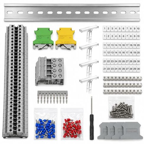 Erayco DIN Rail Terminal Blocks Kit, 20PCS UK2.5B Terminal Blocks 12 AWG Gauge 20A 600V, 2PCS Ground Blocks, 4PCS Jumpers, 4PCS End Stopper, 4PCS End Covers, 4PCS Marker Strip, 1Pcs 8" Aluminum Rail in Kuwait