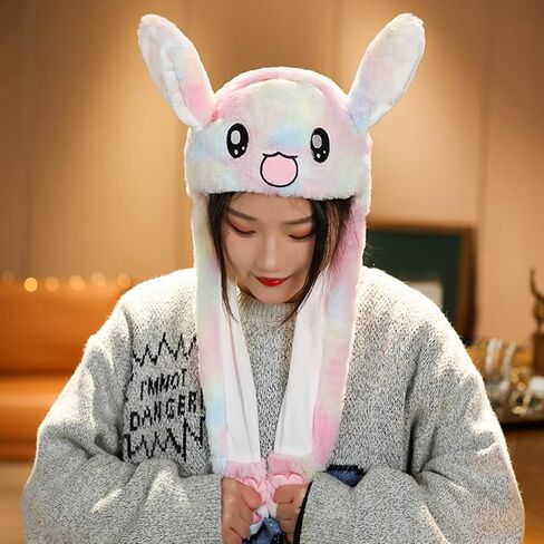 Rabbit Bunny Hat with Moving Ears, Funny Plush Cap for Kids and Adults, Christmas, Cosplay, Party, Cute Animal Hat, Multicolor in Kuwait