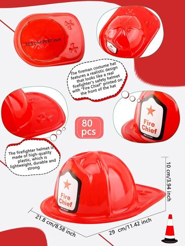 80 Pack Firefighter Hats Bulk Plastic Fireman Helmets Red Fire Chief Helmet for Birthday Halloween Role Play Party Dress Up Accessory in Kuwait