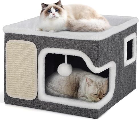 Shikha Cat Bed House for Indoor Cats with Fluffy Ball and Scratch Pad Grey in Kuwait