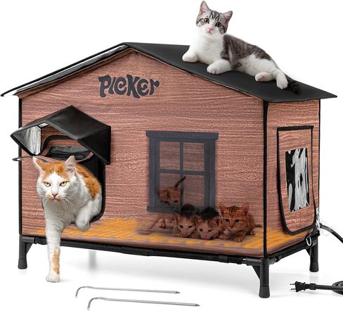 Heated Cat House for Outside: 31.5" XXL 100% Waterproof & Insulated Outdoor Cat House for Winter, Weatherproof Elevated Feral Cat Shelter with Heating Pad, 3 in 1 Warm Houses for Outdoor Cats Stray in Kuwait
