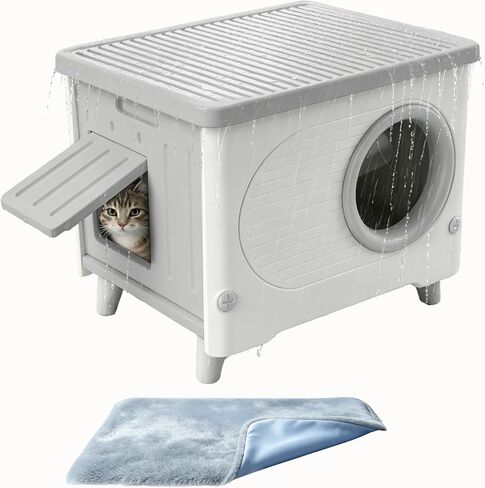 Outdoor Cat House Weatherproof w/Escape Door,Cushion for Yard,Barn,White in Kuwait