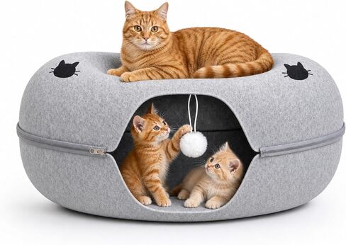 Cat Tunnel Bed - Comfort Bedz Large Donut Cave for Cats, Felt Enclosed Hideaway with Zipper, Top Perch, Interactive Toy, Washable Indoor Cat House, Light Gray in Kuwait