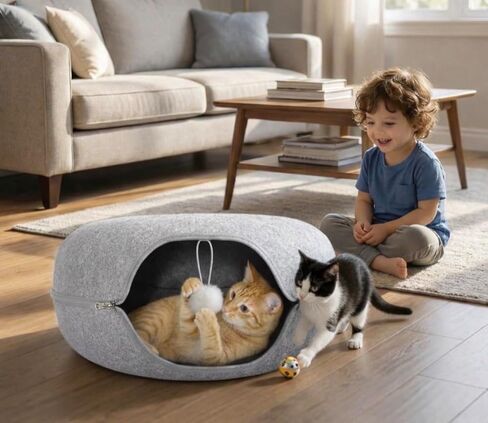 Cat Tunnel Bed - Comfort Bedz Large Donut Cave for Cats, Felt Enclosed Hideaway with Zipper, Top Perch, Interactive Toy, Washable Indoor Cat House, Light Gray in Kuwait
