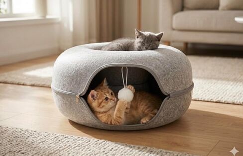 Cat Tunnel Bed - Comfort Bedz Large Donut Cave for Cats, Felt Enclosed Hideaway with Zipper, Top Perch, Interactive Toy, Washable Indoor Cat House, Light Gray in Kuwait
