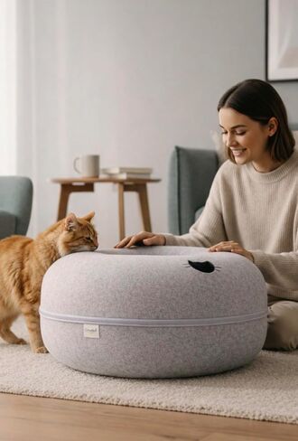 Cat Tunnel Bed - Comfort Bedz Large Donut Cave for Cats, Felt Enclosed Hideaway with Zipper, Top Perch, Interactive Toy, Washable Indoor Cat House, Light Gray in Kuwait