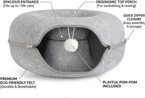 Cat Tunnel Bed - Comfort Bedz Large Donut Cave for Cats, Felt Enclosed Hideaway with Zipper, Top Perch, Interactive Toy, Washable Indoor Cat House, Light Gray in Kuwait