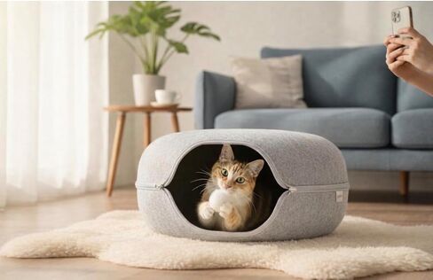 Cat Tunnel Bed - Comfort Bedz Large Donut Cave for Cats, Felt Enclosed Hideaway with Zipper, Top Perch, Interactive Toy, Washable Indoor Cat House, Light Gray in Kuwait