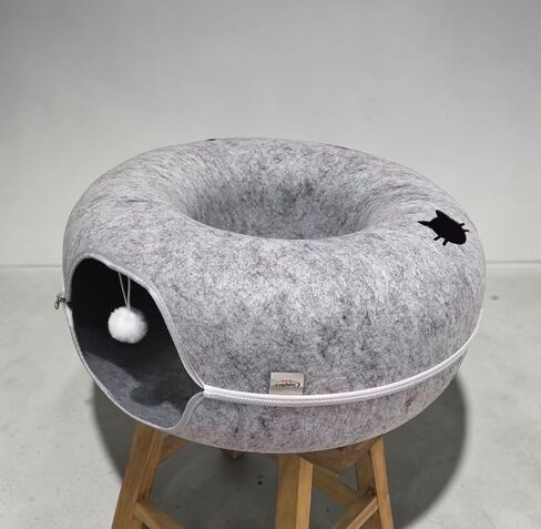 Cat Tunnel Bed - Comfort Bedz Large Donut Cave for Cats, Felt Enclosed Hideaway with Zipper, Top Perch, Interactive Toy, Washable Indoor Cat House, Light Gray in Kuwait