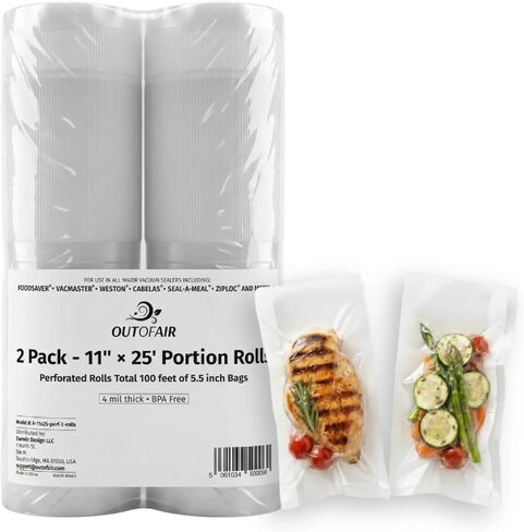 OutOfAir Vacuum Sealer Rolls - 11" x 25’ (4 Pack, 100ft) - Heavy-Duty, 33% Thicker, BPA-Free, Works with FoodSaver, Weston, Anova & More - Food Storage, Sous Vide, Freezer, Microwave & Boil Safe in Saudi Arabia
