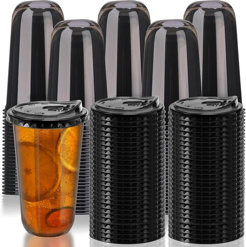 18oz Disposable Stemless Glasses With Strawless Sip Lids,PET Disposable Drinking Cups,Clear Plastic Wine Glasses for Parties Birthday,Wedding,Meeting,Christmas Party Supplies. (100, Black) in Kuwait