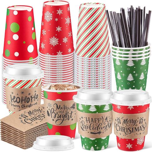 Layhit 100 Sets 12 oz Halloween Disposable Coffee Cups with Lids Sleeves and Stirring Straws Pumpkin Ghost Bat Coffee Paper Cups for Halloween Party Supplies in Kuwait