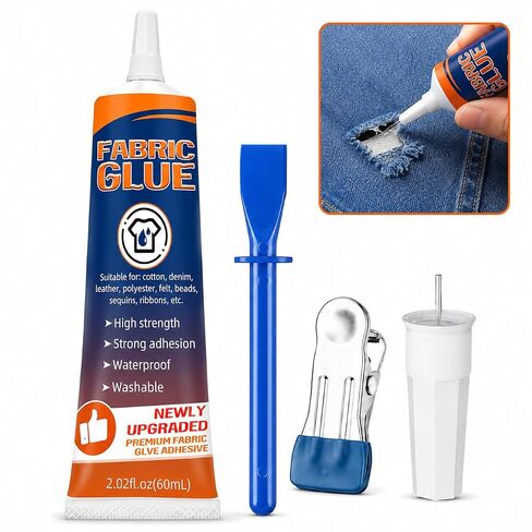 Fabric Glue Permanent, 60ml Clear Washable Fabric Glue for Clothing, Waterproof No-Sew Adhesive for Denim, Cotton, Polyester, Leather & Felt, Patches, Hems & Crafts, Upgraded Formula in Kuwait