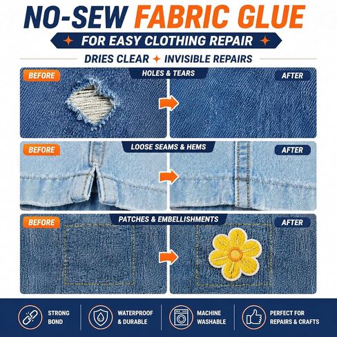 Fabric Glue Permanent, 60ml Clear Washable Fabric Glue for Clothing, Waterproof No-Sew Adhesive for Denim, Cotton, Polyester, Leather & Felt, Patches, Hems & Crafts, Upgraded Formula in Kuwait