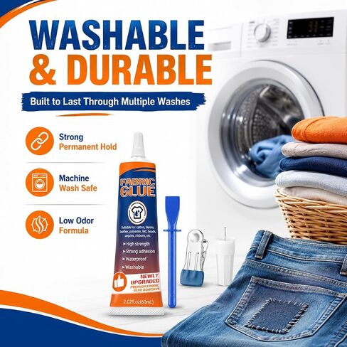 Fabric Glue Permanent, 60ml Clear Washable Fabric Glue for Clothing, Waterproof No-Sew Adhesive for Denim, Cotton, Polyester, Leather & Felt, Patches, Hems & Crafts, Upgraded Formula in Kuwait