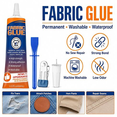 Fabric Glue Permanent, 60ml Clear Washable Fabric Glue for Clothing, Waterproof No-Sew Adhesive for Denim, Cotton, Polyester, Leather & Felt, Patches, Hems & Crafts, Upgraded Formula in Kuwait