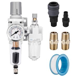 NANPU 1/4" NPT منظم فلتر الهواء التلقائي مجموعة التشحيم (FRL) فاصل مصيدة الماء/الزيت - مقياس (0-150 رطل لكل بوصة مربعة)، عنصر نحاسي 5 ميكرون، وعاء بولي، دعامة معدنية in Kuwait