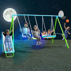Sportspower Supernova Metal Swing Set with Basketball Hoop – Nighttime Outdoor Playset for Kids with LED Swings, LED Saucer Swing, on 5ft LED Slide, Anchor Kit Included in Kuwait