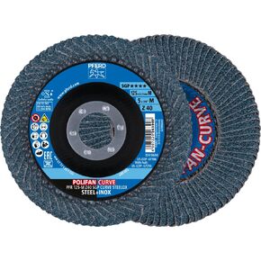 PFERD POLIFAN-CURVE flap disc PFR, 2 pcs. | 5 x 7/8 inch, size M (medium), grit size 40, zirconia alumina Z, plain arbor hole SGP STEELOX | 66990 – for steel and stainless steel (INOX) in Saudi Arabia