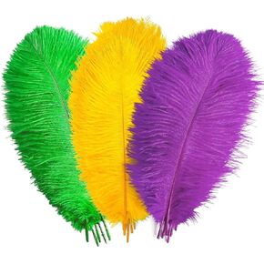 Piokio 36 pcs Mardi Gras Ostrich Feathers 10-12 inch(25-30 cm) Bulk for Mardi Gras DIY Clothing and Accessories Masquerade Party Decorations Table Centerpiece(Gold Green Purple) in Saudi Arabia