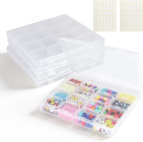 4-Pack Clear Bead Organizer Box, Each with 16 Individual Storage Case, Total 64 Small Bead Storage Containers with Hinged Lid & Label, Transparent Plastic Craft Organizer for Jewelry in Kuwait