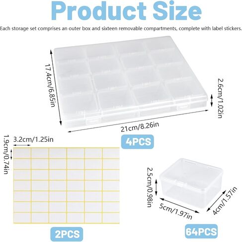 4-Pack Clear Bead Organizer Box, Each with 16 Individual Storage Case, Total 64 Small Bead Storage Containers with Hinged Lid & Label, Transparent Plastic Craft Organizer for Jewelry in Kuwait