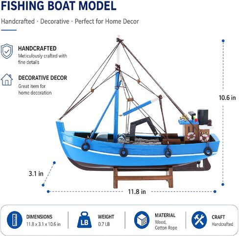 Wooden Fishing Boat Model, Blue, 12 Inch, Fully Assembled Nautical Home Decor (Coastal Blue) in Saudi Arabia