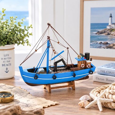 Wooden Fishing Boat Model, Blue, 12 Inch, Fully Assembled Nautical Home Decor (Coastal Blue) in Saudi Arabia