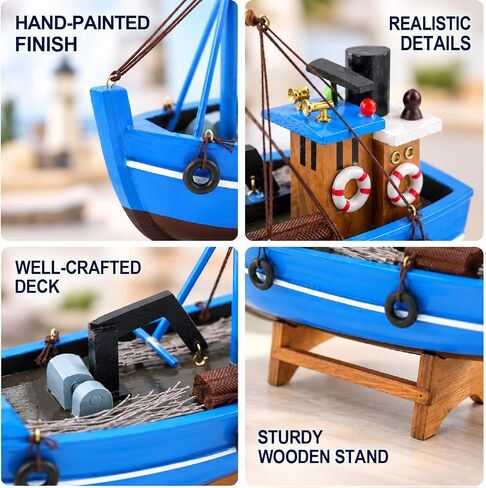 Wooden Fishing Boat Model, Blue, 12 Inch, Fully Assembled Nautical Home Decor (Coastal Blue) in Saudi Arabia