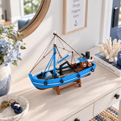 Wooden Fishing Boat Model, Blue, 12 Inch, Fully Assembled Nautical Home Decor (Coastal Blue) in Saudi Arabia