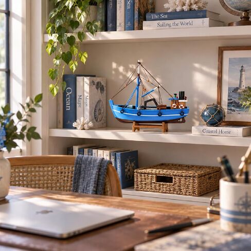 Wooden Fishing Boat Model, Blue, 12 Inch, Fully Assembled Nautical Home Decor (Coastal Blue) in Saudi Arabia