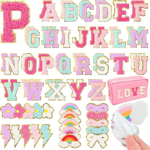 72Pcs Chenille Letters Patches Self Adhesive Include 52 Stick on Varsity Letter Patches 20pcs Bow Flower Rainbow Lightning Chenille Patch Stickers for Trucker Hats Clothes Jackets Bag Backpacks in Kuwait
