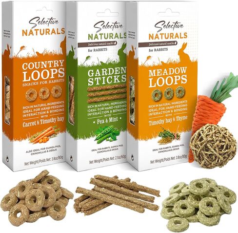 Supreme Naturals Rabbit Treats, Meadow Loops for Rabbits, Country Loops & Garden Sticks with Bunny Chew Toys (Grass Ball & Carrot Chew) – Natural Timothy Hay Treats for Small Pets, 7.7 oz Total in Kuwait