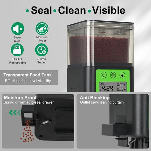Lychee Automatic Fish Feeder USB Rechargeable 320ML Large Capacity Aquarium Fish Food Dispenser with Two Feeding Ring, Moisture-Proof-Aquarium Electric Timer Feeder for Vacation Business Trips in Kuwait