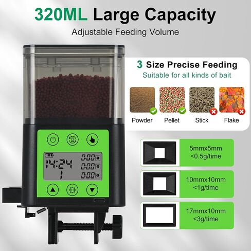Lychee Automatic Fish Feeder USB Rechargeable 320ML Large Capacity Aquarium Fish Food Dispenser with Two Feeding Ring, Moisture-Proof-Aquarium Electric Timer Feeder for Vacation Business Trips in Kuwait