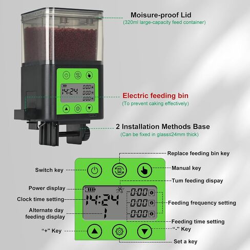 Lychee Automatic Fish Feeder USB Rechargeable 320ML Large Capacity Aquarium Fish Food Dispenser with Two Feeding Ring, Moisture-Proof-Aquarium Electric Timer Feeder for Vacation Business Trips in Kuwait