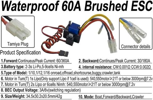 Waterproof Brushed 60A ESC Electronic Speed Controller for 1/10 Traxxas HPI Redcat Tamiya RC Truck, Buggy, Short Course Truck and Rock Crawler in Kuwait