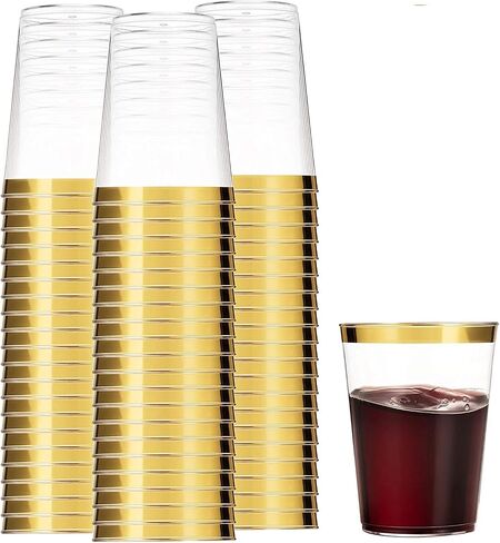 Munfix 100 Gold Plastic Cups 14 Oz Clear Tumblers Gold Rimmed Fancy Disposable Wedding Elegant Party Cups with Gold Rim in Kuwait