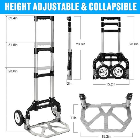 Folding Hand Truck Portable Dolly Cart Max 350 lbs Foldable Hand Cart Luggage Trolley Cart, 6 Wheels Push Cart Dolly for Moving, Heavy Duty Moving Dollys, Small Platform Hand Cart with 2 Ropes Black in Kuwait